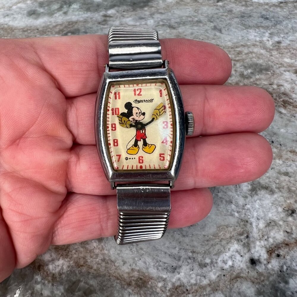 Vintage Mickey Mouse Wristwatch Silver Tone Ingersoll Circa 1940’s Does not Run